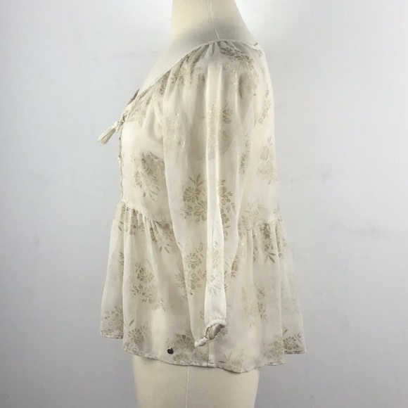 Abercrombie & Fitch boho sheer babydoll puff sleeve gold print blouse sz small. - Picture 5 of 9